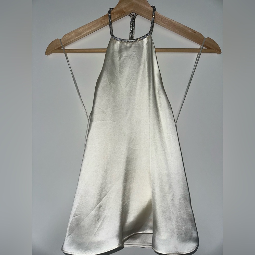 Zara White Satin Tank Top with Bedazzled Silver Straps and Tunic Neckline